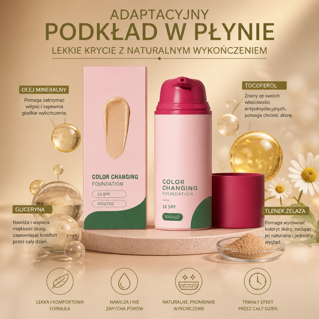 Adaptacyjny podkład w płynie – lekkie krycie z naturalnym wykończeniem