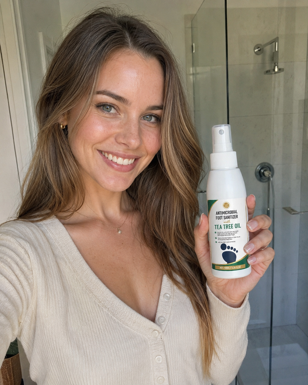 Klientka Polska Uroda stosująca antybakteryjny spray do stóp