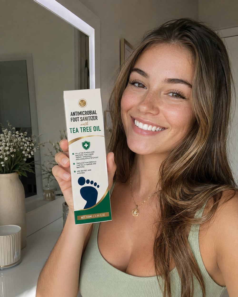 Klientka Polska Uroda stosująca antybakteryjny spray do stóp