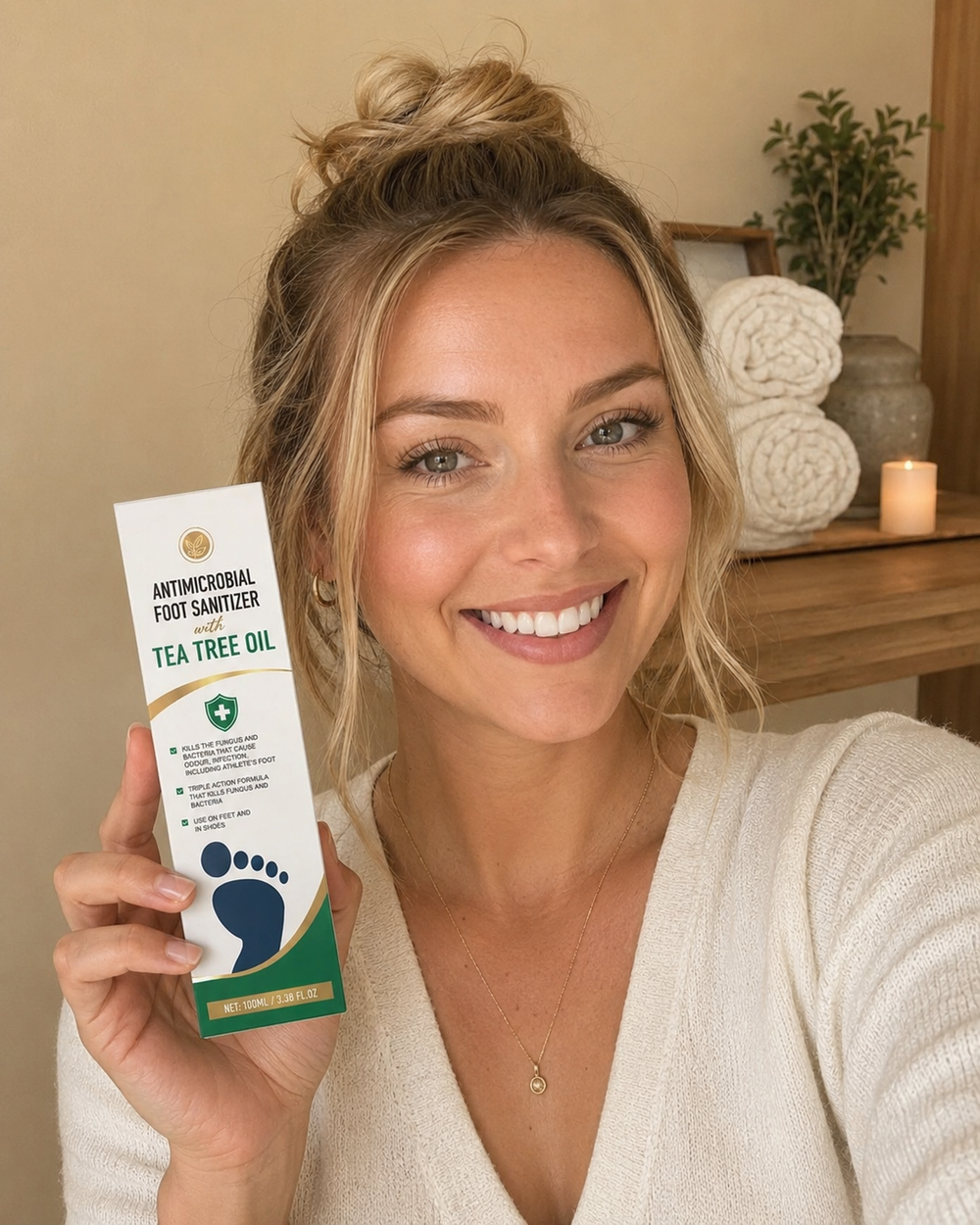Klientka Polska Uroda stosująca antybakteryjny spray do stóp