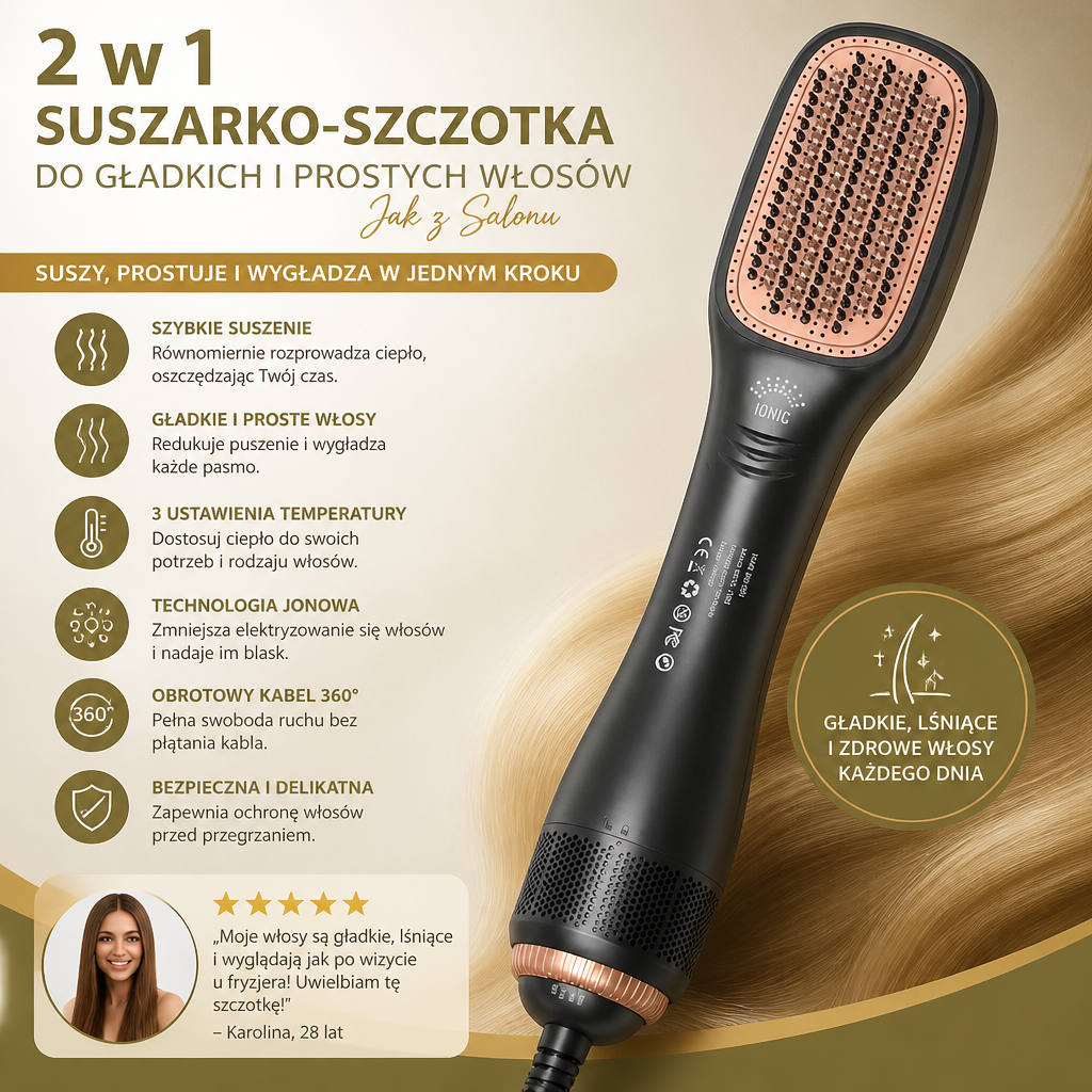 Suszarko-Szczotka 2 w 1 do Gładkich i Prostych Włosów Jak z Salonu