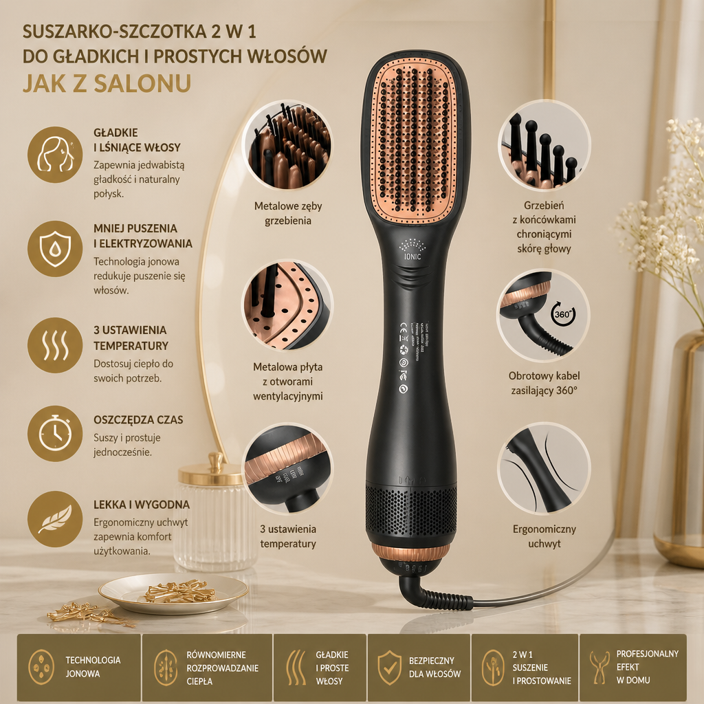 Suszarko-Szczotka 2 w 1 do Gładkich i Prostych Włosów Jak z Salonu
