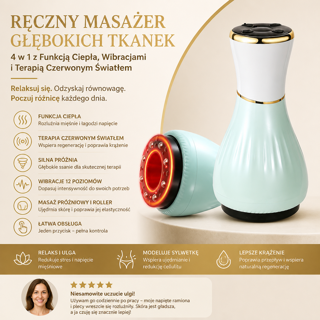 Ręczny Masażer Głębokich Tkanek 4 w 1 z Funkcją Ciepła, Wibracjami i Terapią Czerwonym Światłem