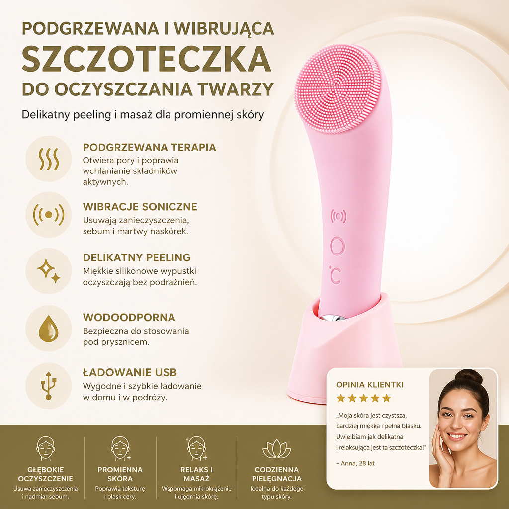Podgrzewana i Wibrująca Elektryczna Szczoteczka do Oczyszczania Twarzy z Delikatnym Peelingiem i Masażem