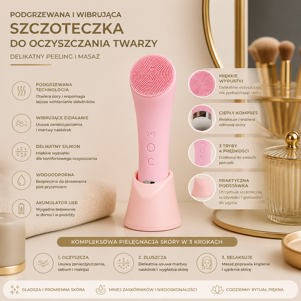 Podgrzewana i Wibrująca Elektryczna Szczoteczka do Oczyszczania Twarzy z Delikatnym Peelingiem i Masażem