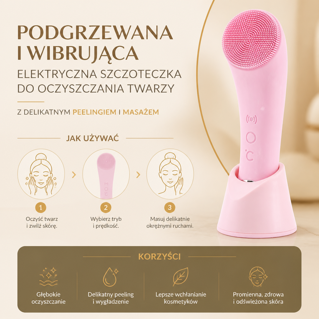 Podgrzewana i Wibrująca Elektryczna Szczoteczka do Oczyszczania Twarzy z Delikatnym Peelingiem i Masażem