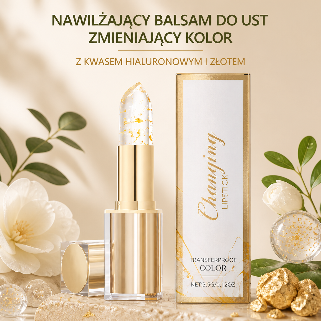 Nawilżający Balsam do Ust Zmieniający Kolor z Kwasem Hialuronowym i Złotem