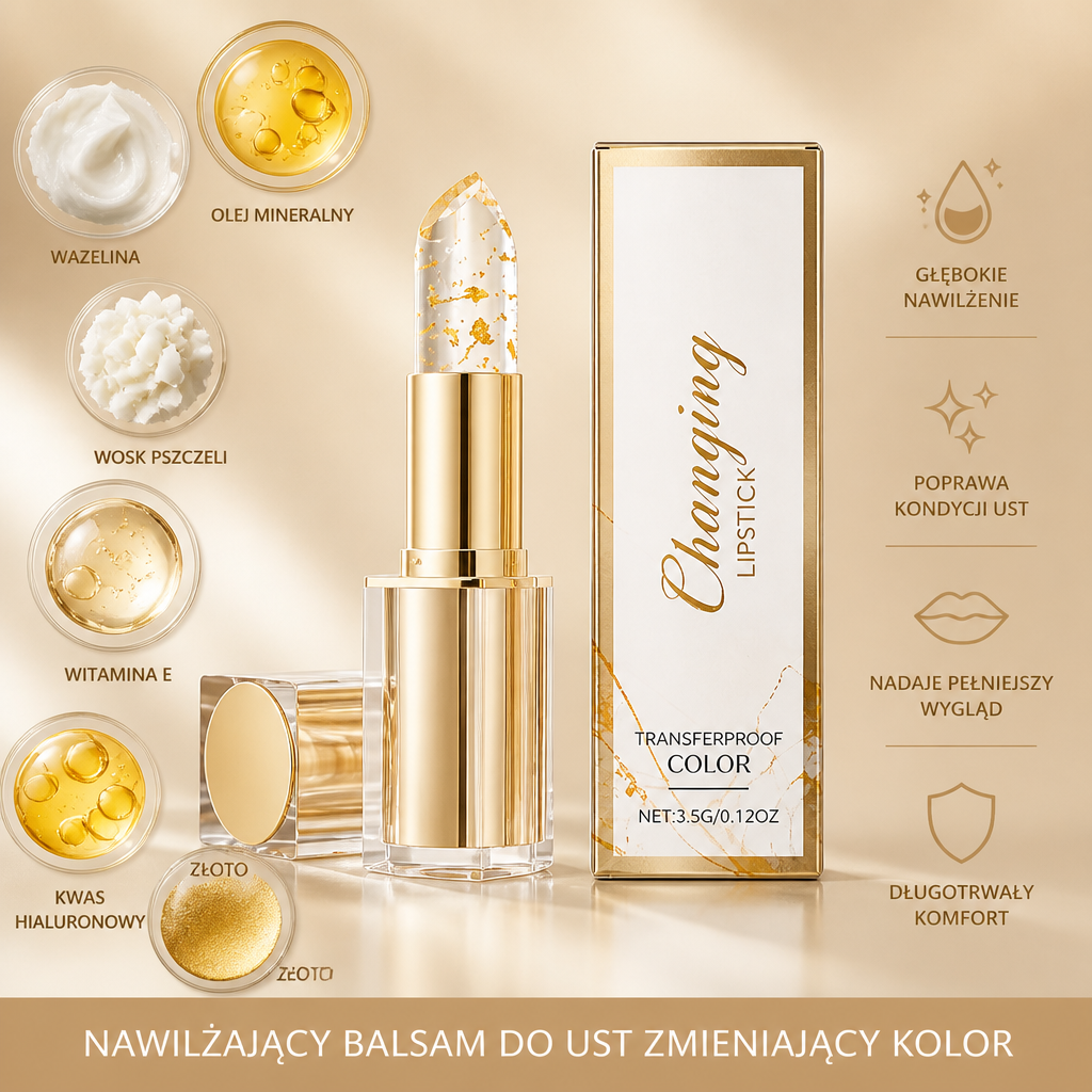 Nawilżający Balsam do Ust Zmieniający Kolor z Kwasem Hialuronowym i Złotem