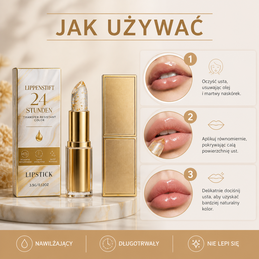 Balsam do Ust Zmieniający Kolor Odporny na Ścieranie z Kwasem Hialuronowym i Złotem
