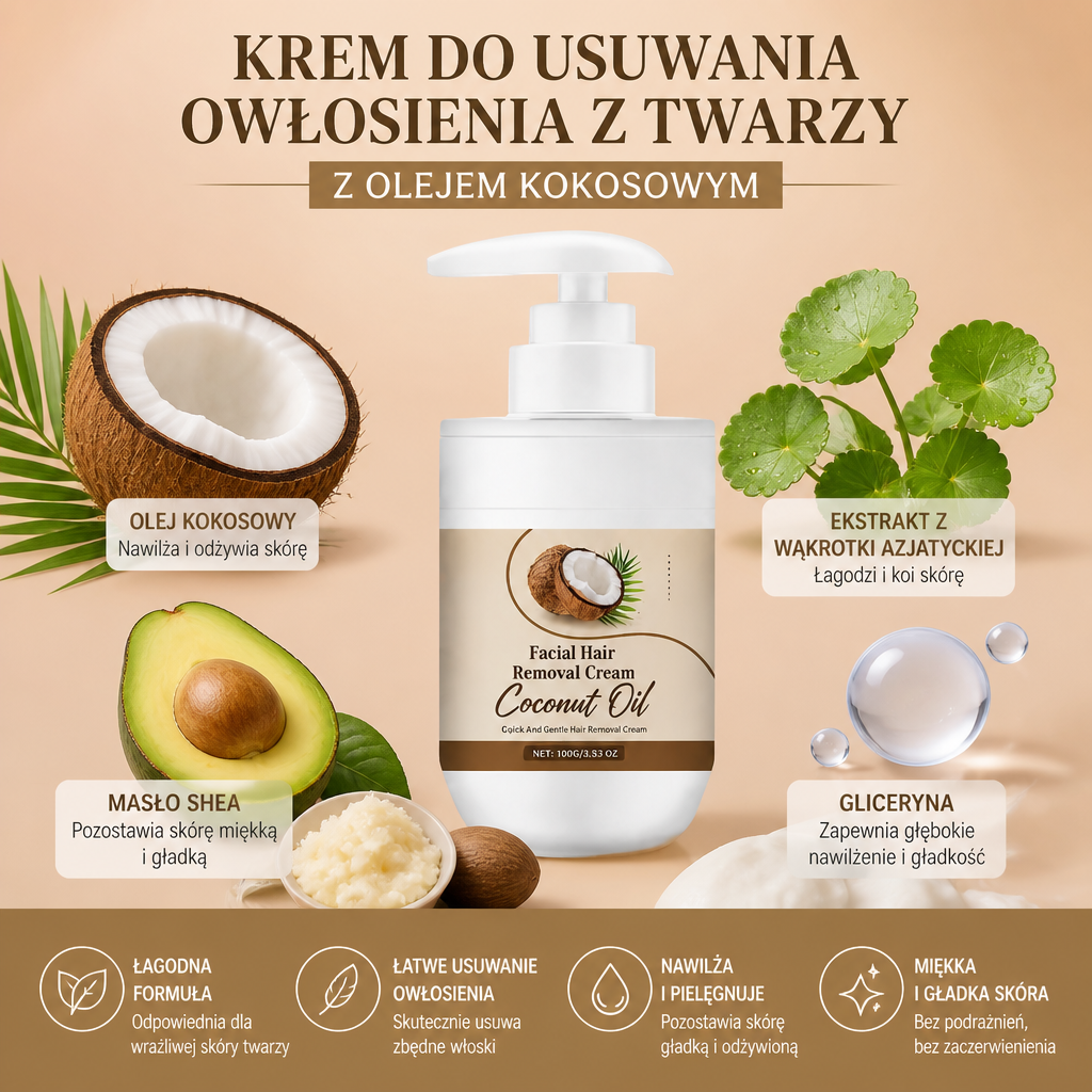 Krem Do Usuwania Owłosienia Z Twarzy Z Olejem Kokosowym Dla Gładkiej I Miękkiej Pielęgnacji Skóry