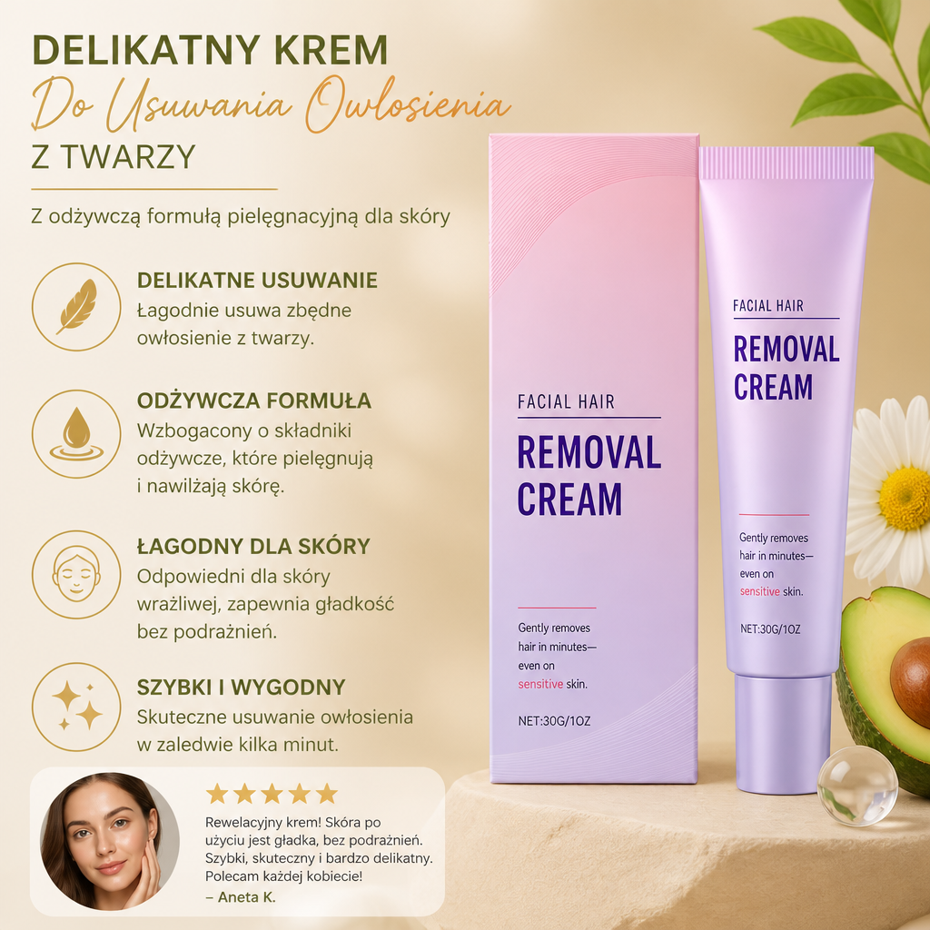 Delikatny Krem Do Usuwania Owłosienia Z Twarzy Z Odżywczą Formułą Pielęgnacyjną Dla Skóry