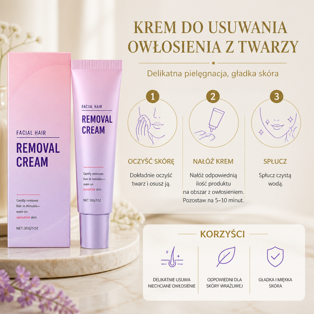 Delikatny Krem Do Usuwania Owłosienia Z Twarzy Z Odżywczą Formułą Pielęgnacyjną Dla Skóry