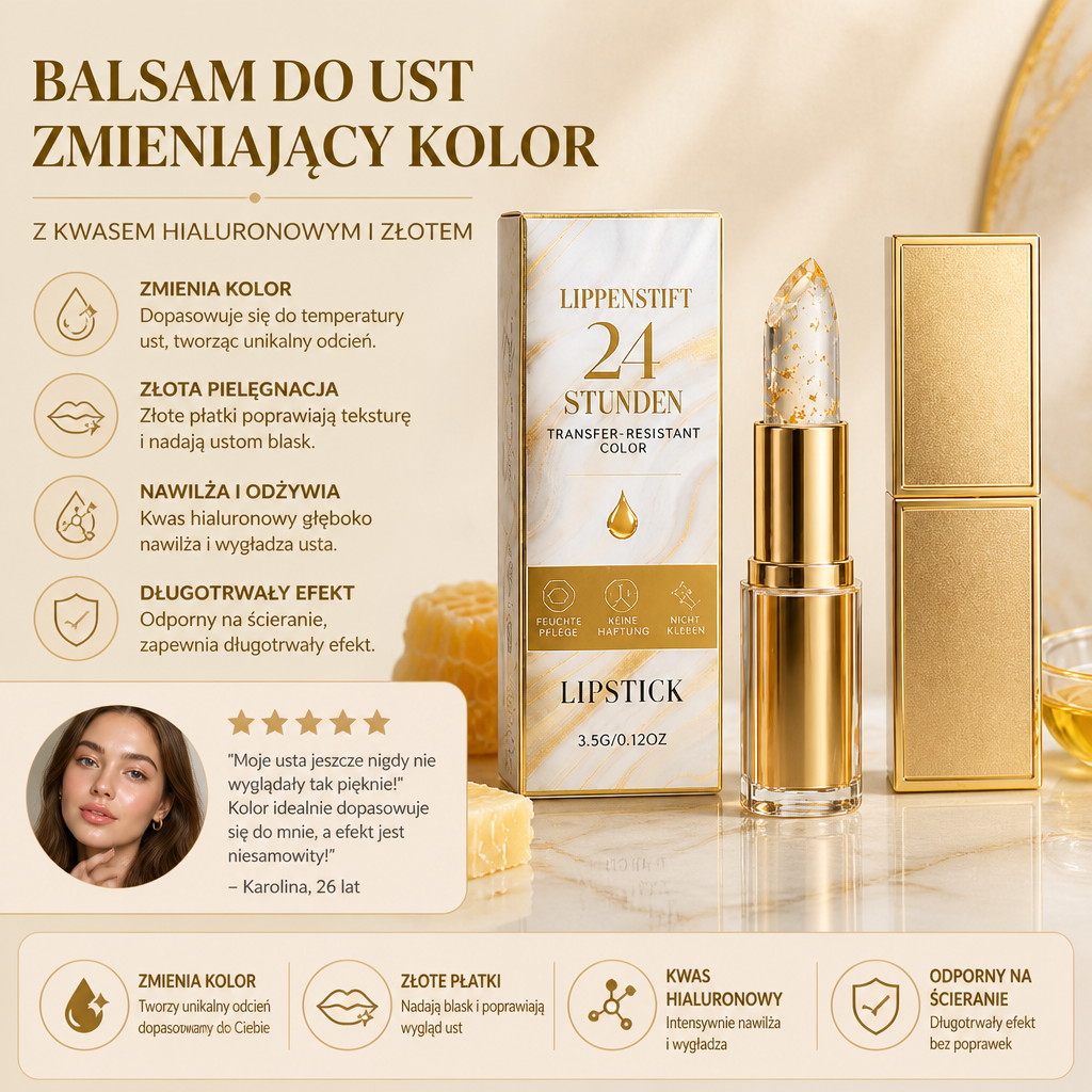 Balsam do Ust Zmieniający Kolor Odporny na Ścieranie z Kwasem Hialuronowym i Złotem