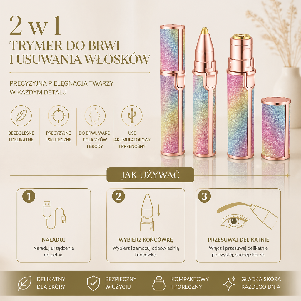 Akumulatorowy Trymer do Brwi i Usuwania Włosków z Twarzy 2 w 1